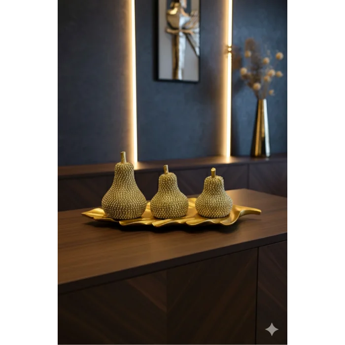 Biblo 3lü Altın Renk ve Taş Süslemeli Armut Biblo Seti