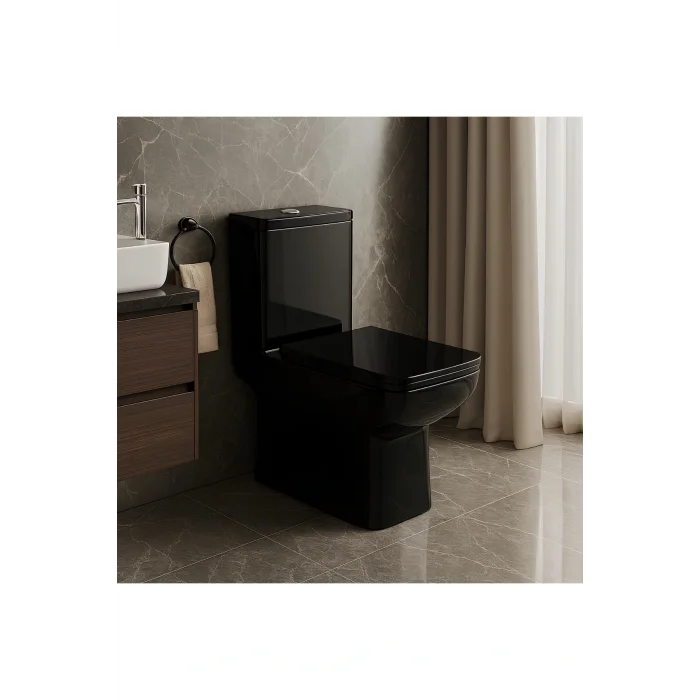Genel Ürün Power Siyah Duvara Sıfır Klozet Takım POW.K022B, Power Siyah Duroplast Yavaş Kapak