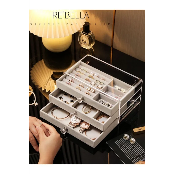 Genel Ürün 3 Çekmeceli Bölmeli Şeffaf Takı Kutusu | Mücevher Saklama Kutusu | Gri Renk Seçeneği 13x23x10