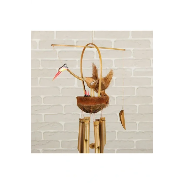 Genel Ürün Ahşap Bambu El Yapımı Yavrulu Leylek Rüzgar Çanı Balkon Bahçe Kapı Süsü