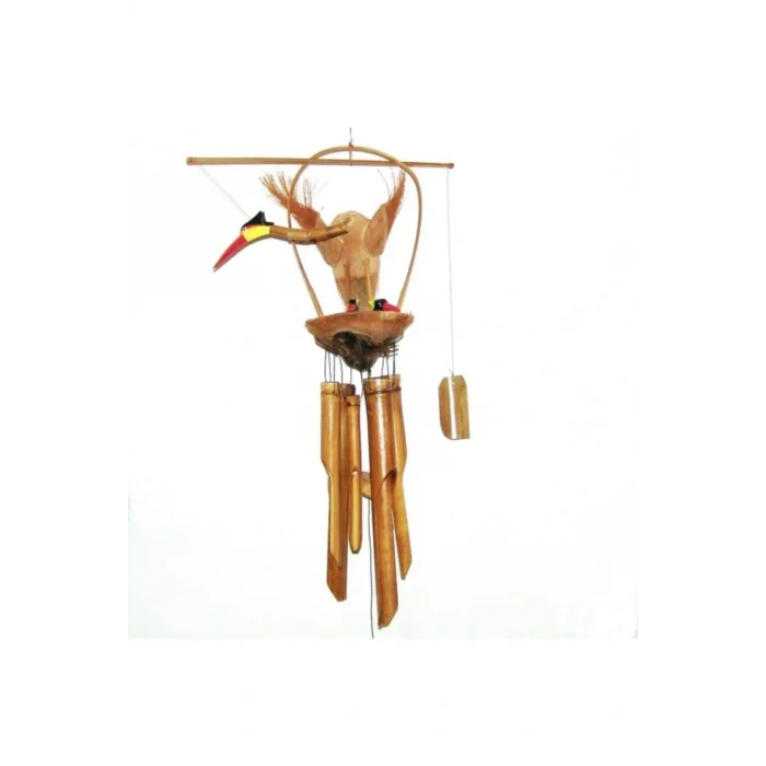 Genel Ürün Ahşap Bambu El Yapımı Yavrulu Leylek Rüzgar Çanı Balkon Bahçe Kapı Süsü