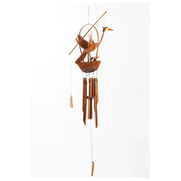 Genel Ürün Ahşap Bambu El Yapımı Yavrulu Leylek Rüzgar Çanı Balkon Bahçe Kapı Süsü