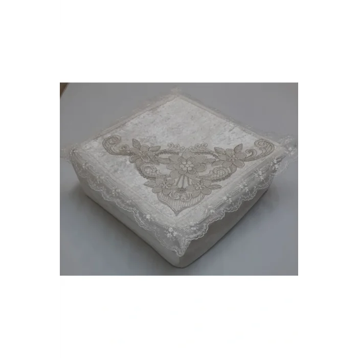 Genel Ürün Kadife Kumaş Süngerli Yemeni Hurç Fransız Güpürlü Dantel Çeyizlik Yemeni Hurcu Krem 36x36x18cm