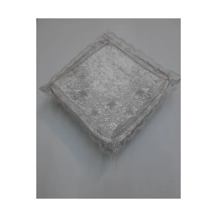 Genel Ürün Kadife Kumaş Süngerli Yemeni Hurç Fransız Güpürlü Dantel Çeyizlik Yemeni Hurcu Gri 36x36x18cm