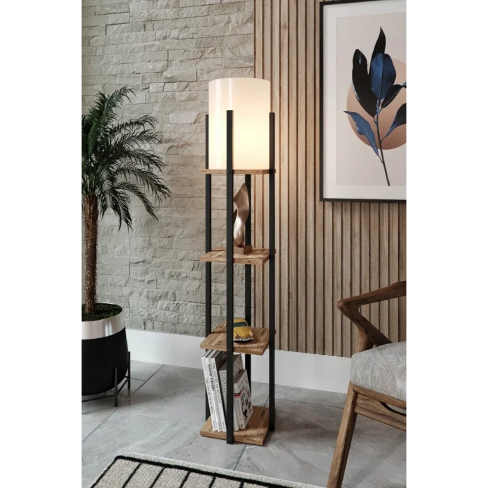 Lamba Kahve Siyah Dekoratif Modern Ahşap Mdf 3 Katlı Raflı Sehpalı Lambader