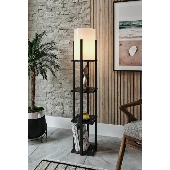 Lamba Siyah Dekoratif Modern Ahşap Mdf 3 Katlı Raflı Sehpalı Lambader