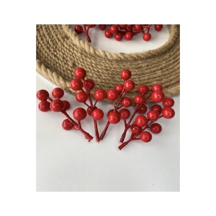 Genel Ürün Dekoratif Kırmızı Yılbaşı Çiçeği Yapay Kokina Çiçeği Kiraz Dalı Yılbaşı Ağacı Süsleme Dekor 5 Adet