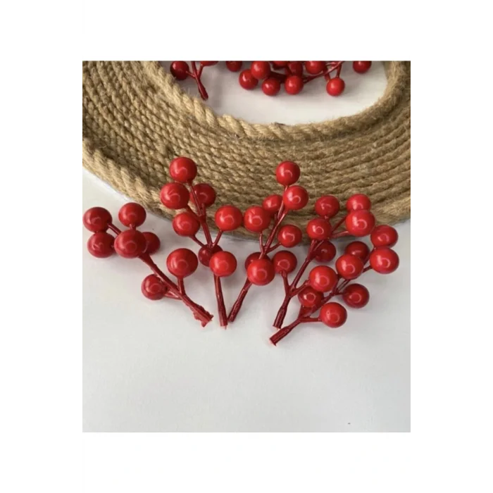 Genel Ürün Dekoratif Kırmızı Yılbaşı Çiçeği Yapay Kokina Çiçeği Kiraz Dalı Yılbaşı Ağacı Süsleme Dekor 5 Adet