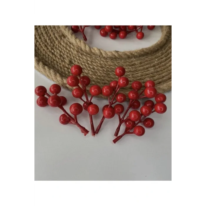 Genel Ürün Dekoratif Kırmızı Yılbaşı Çiçeği Yapay Kokina Çiçeği Kiraz Dalı Yılbaşı Ağacı Süsleme Dekor 5 Adet