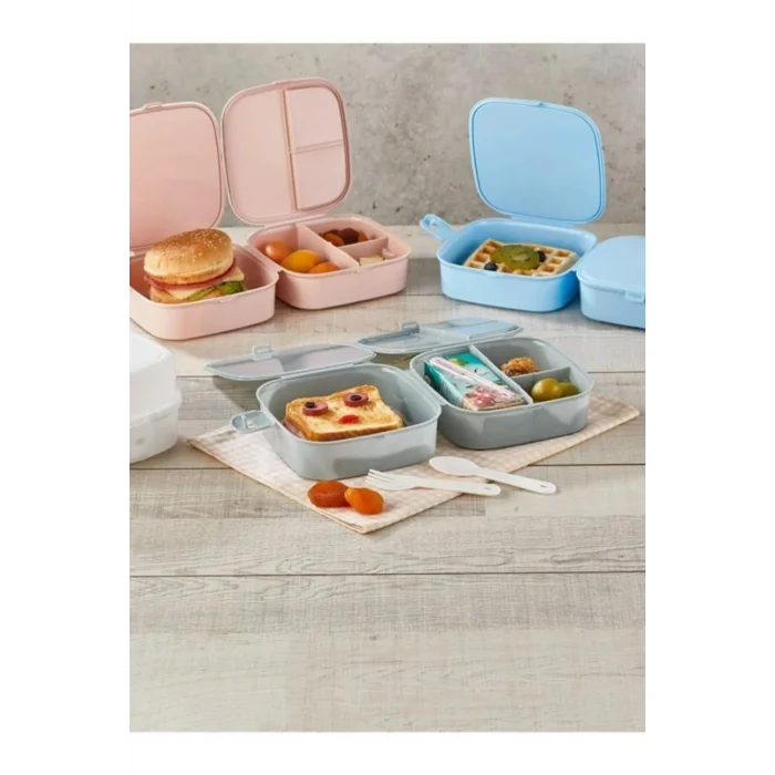 Genel Ürün 2 Katlı 4 Bölmeli Gri Premium Kiddy Lunch Box - Premium 3 1 Beslenme Çantası - Yemek Saklama Kabı