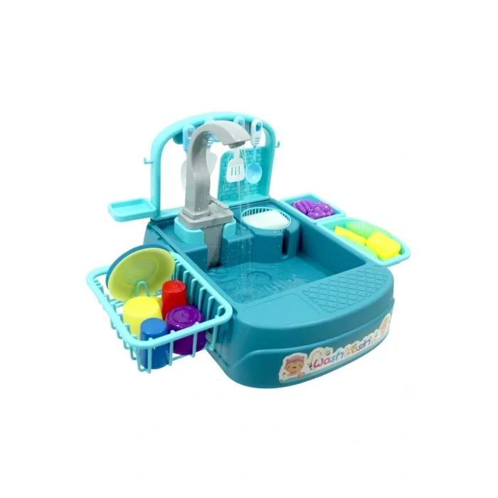 Oyuncak Oyuncak Bulaşık Yıkama Seti - Modern Çeşmeli Lavabo Oyun Seti Turkuaz Rengi