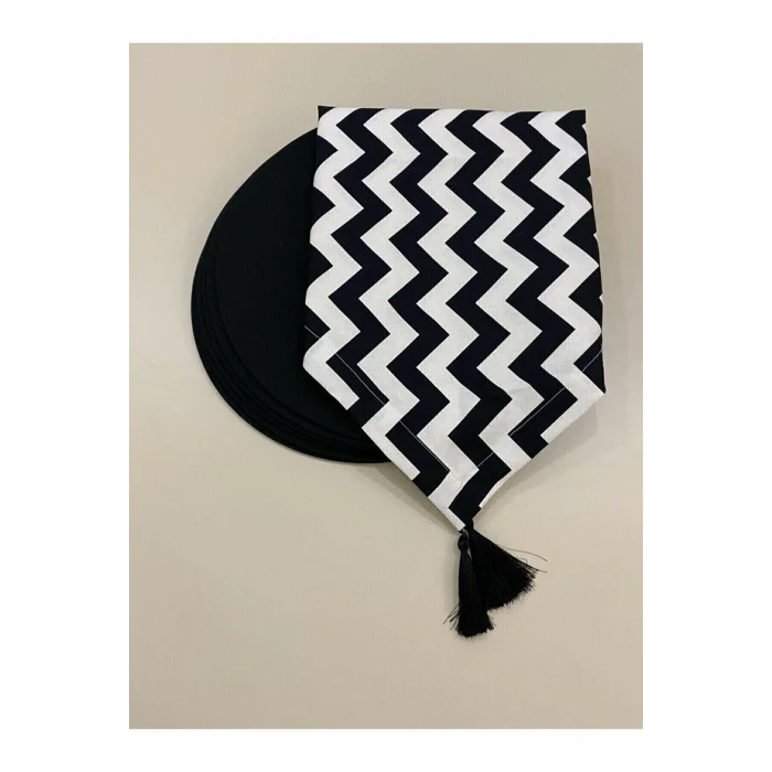 Genel Ürün Amerikan Servis Siyah Zik Zak Desenli Runner Ve 6lı Supla Seti