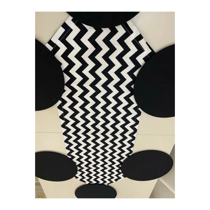 Genel Ürün Amerikan Servis Siyah Zik Zak Desenli Runner Ve 6lı Supla Seti