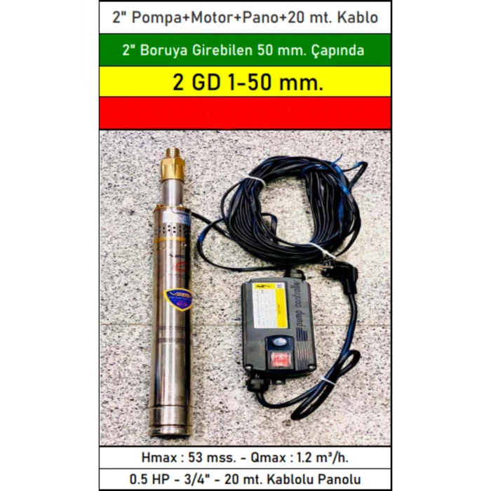 Genel Ürün 2 GD 1-50 mm DIŞ ÇAPLI 2 BORUYA GİREBİLEN KABLOLU PANOLU HAZIR PAKET DALGIÇ POMPA