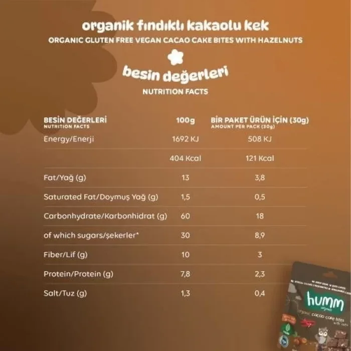 BUĞZ Humm Organik Glutensiz Vegan Kakaolu ve Fındıklı Kek - 30 gr