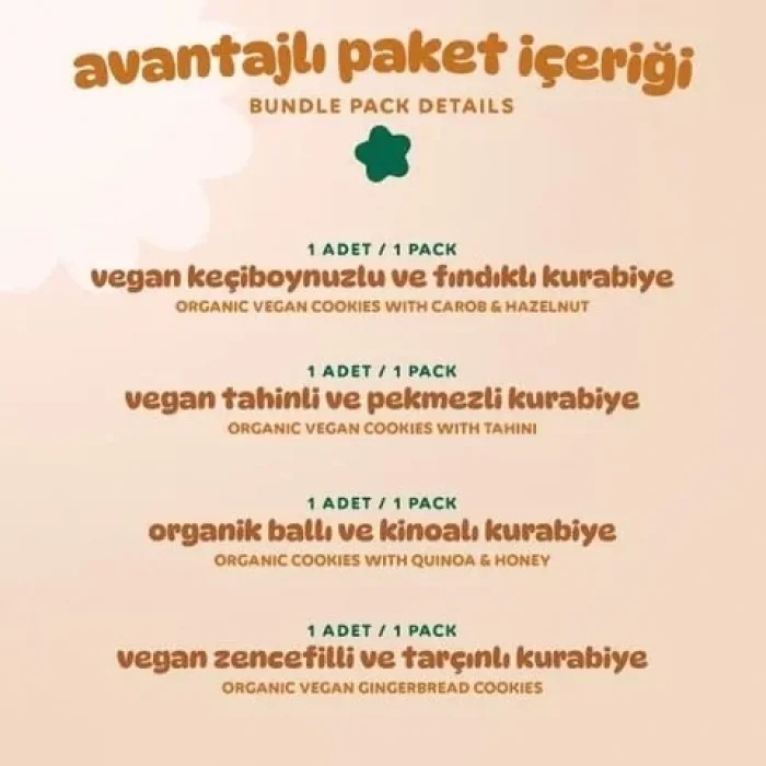 BUĞZ Humm Organik Kurabiye 4lü Set (Ballı ve Kinoalı & Keçiboynuzlu ve Fındıklı & Zencefilli ve Tarçınlı & Tahinli ve Pekmezli)