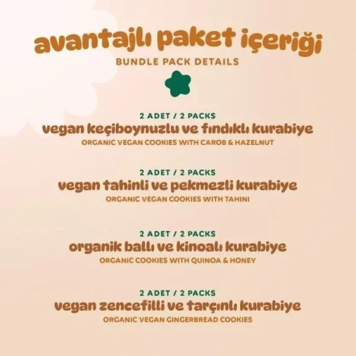 BUĞZ Humm Organik Kurabiye 8li Set (Ballı ve Kinoalı & Keçiboynuzlu ve Fındıklı & Zencefilli ve Tarçınlı & Tahinli ve Pekmezli)