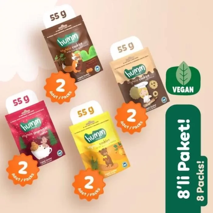 BUĞZ Humm Organik Kurabiye 8li Set (Ballı ve Kinoalı & Keçiboynuzlu ve Fındıklı & Zencefilli ve Tarçınlı & Tahinli ve Pekmezli)