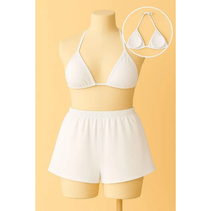 Kadın Beyaz Şortlu Belden ve Boyundan Bağlamalı Bikini Takımı