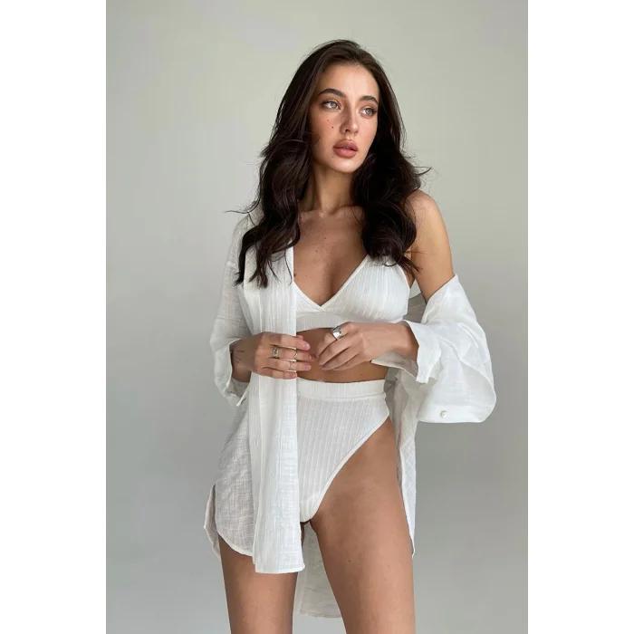 Kadın Beyaz Yüksek Bel Dolgusuz Slip Takım