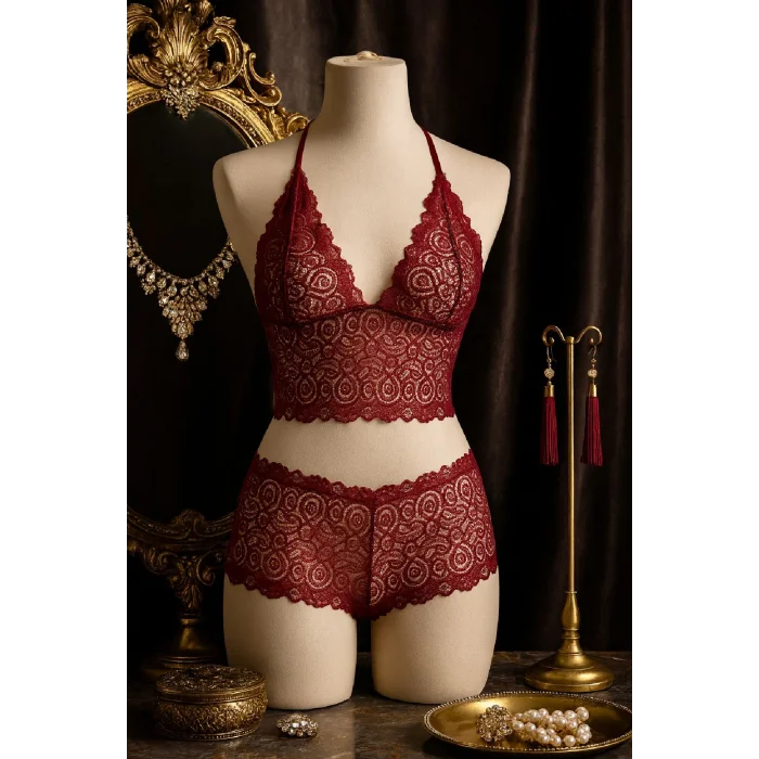 Kadın Bordo Dantel Bralet Şort Takımı – Asil ve Sofistike İç Giyim