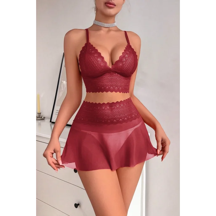 Kadın Bordo Dantel ve Tül Detaylı Etekli Şık Gecelik Takımı