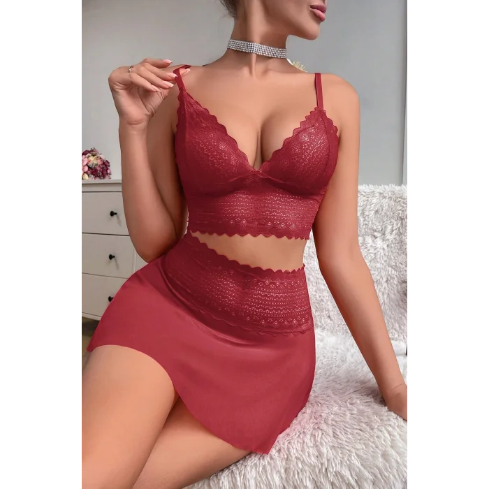Kadın Bordo Dantel ve Tül Detaylı Etekli Şık Gecelik Takımı