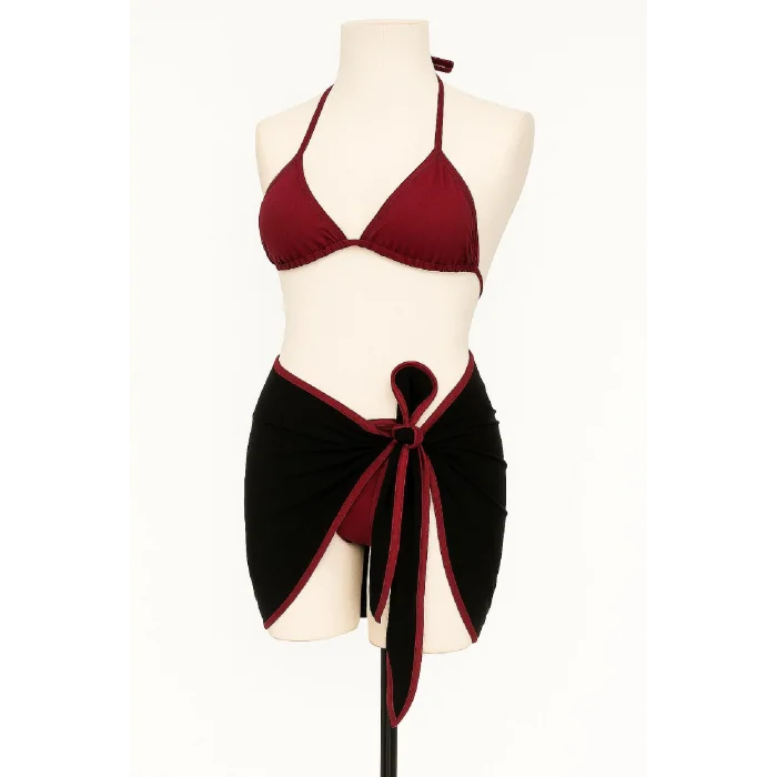 Kadın Bordo Siyah Pareolu Yandan ve Boyundan Bağlamalı 3lü Bikini Takımı