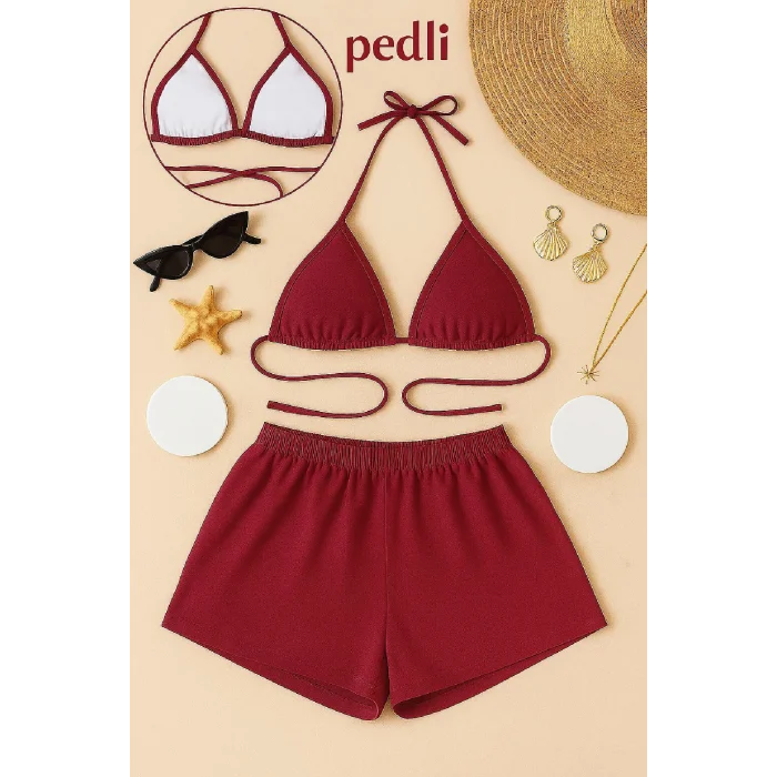 Kadın Bordo Şortlu Belden ve Boyundan Bağlamalı Bikini Takımı