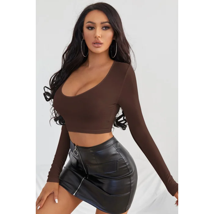 Kadın Kahverengi Uzun Kol Kare Yaka Crop Top Bluz
