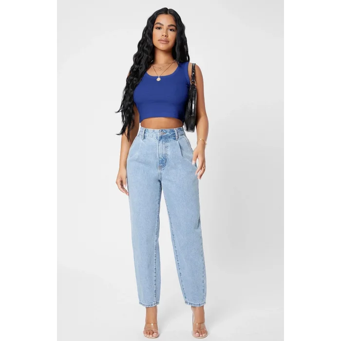 Kadın Lacivert Kare Yaka Crop Top Bluz