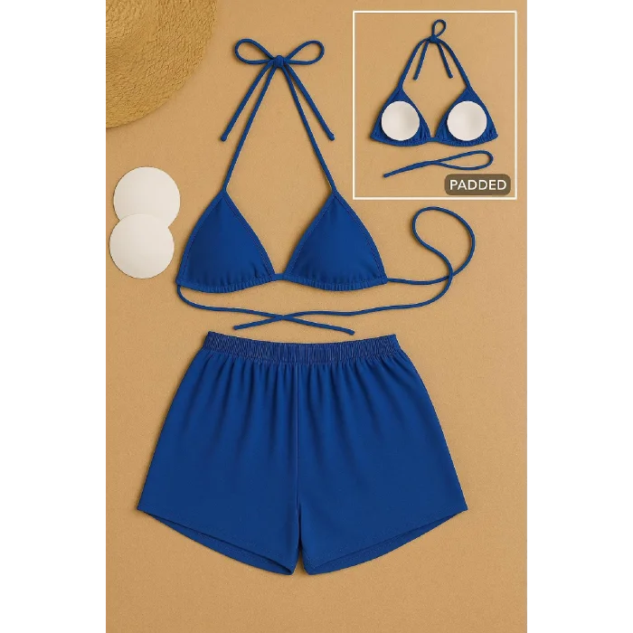 Kadın Mavi Şortlu Belden ve Boyundan Bağlamalı Bikini Takımı