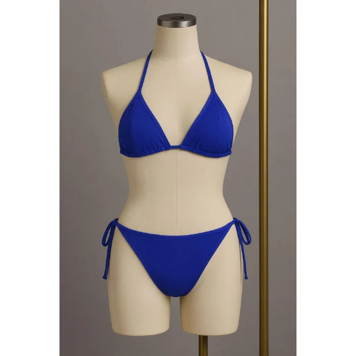 Kadın Mavi Yandan ve Boyundan Bağlamalı Bikini Mayo Takımı