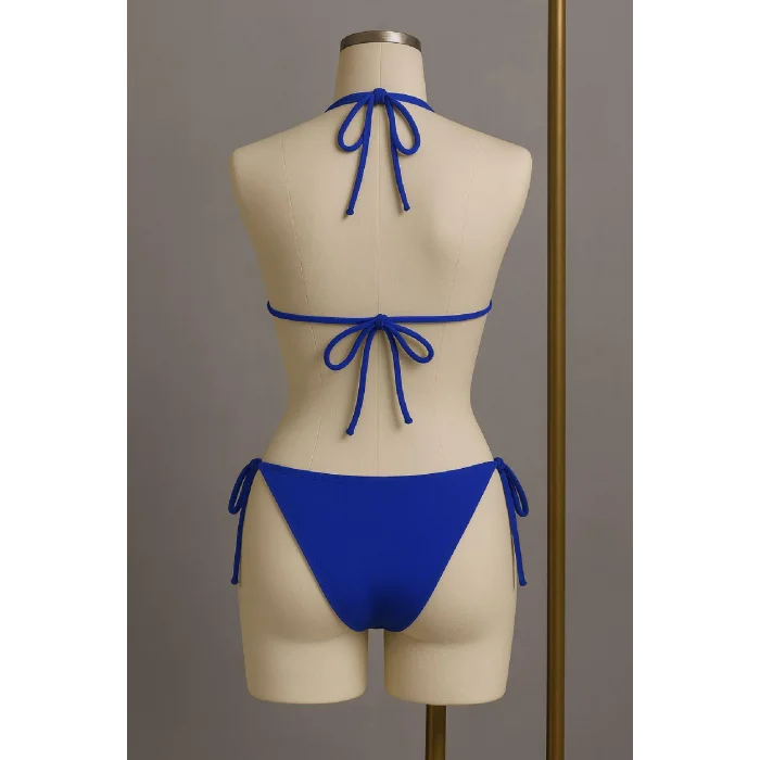 Kadın Mavi Yandan ve Boyundan Bağlamalı Bikini Mayo Takımı