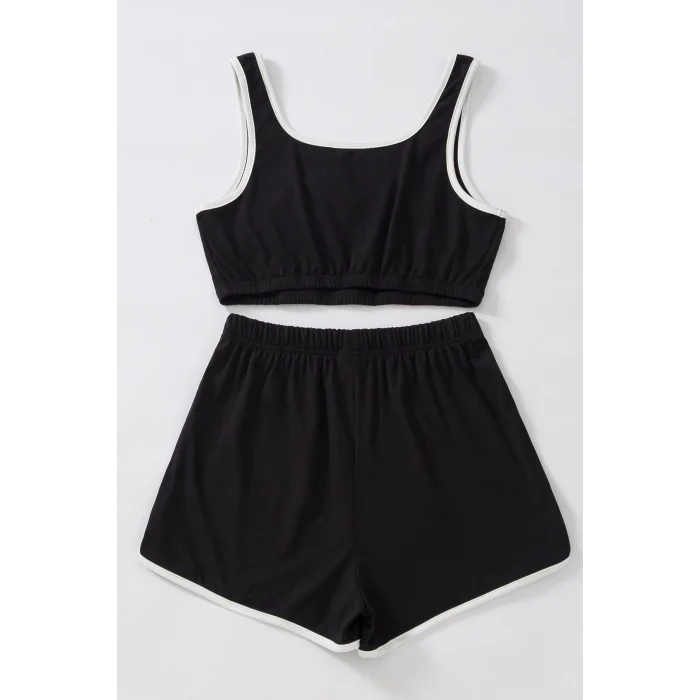 Kadın Siyah Askılı Crop Top ve Şortlu Gecelik Takım