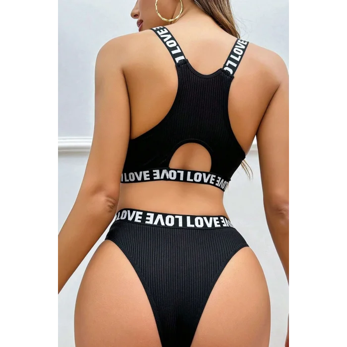 Kadın Siyah Çapraz Sırt ve Love Lastik Detaylı Sütyen Külot Takım