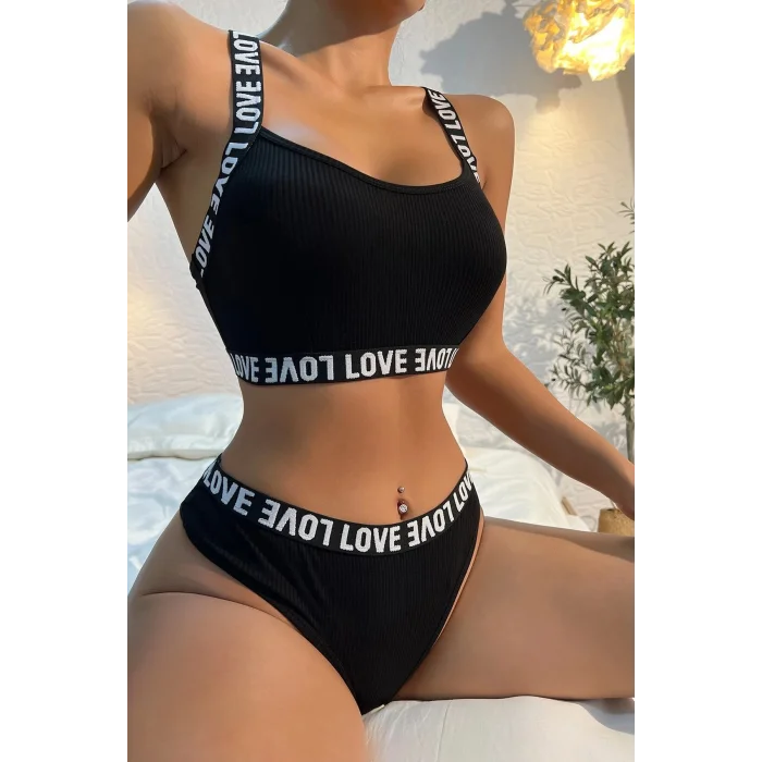 Kadın Siyah Çapraz Sırt Ve Love Yazı Detaylı Iç Çamaşır Takımı