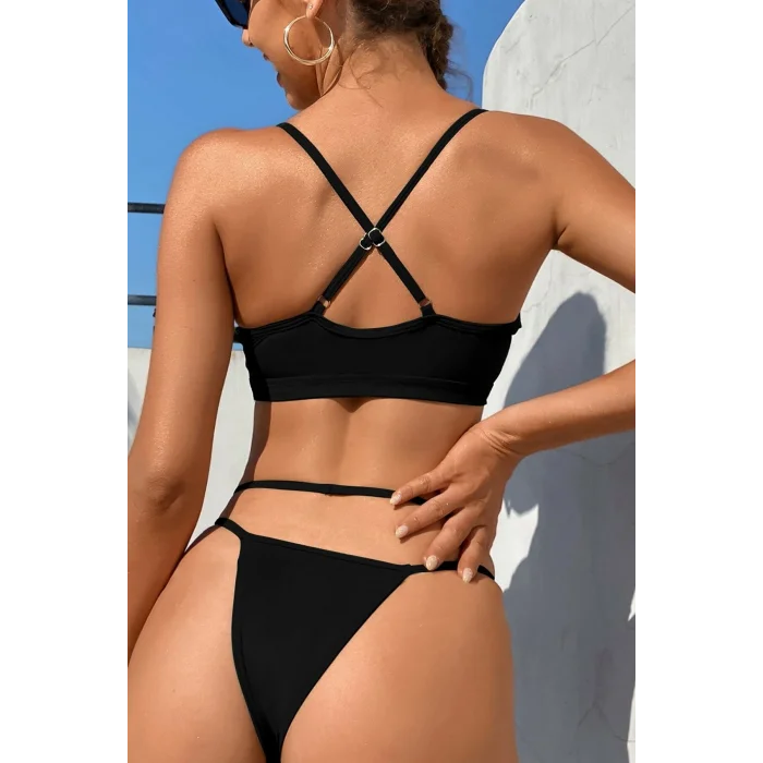 Kadın Siyah File Detaylı Özel Bikini Takımı