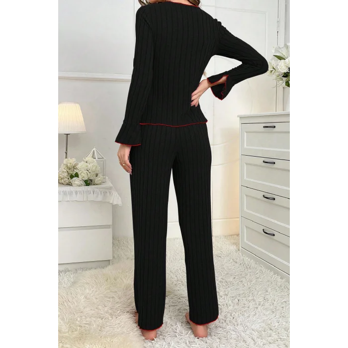 Kadın Siyah Kırmızı Biyeli ve Fiyonklu Uzun Kollu Mevsimlik Pijama Takımı