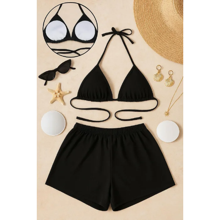 Kadın Siyah Şortlu Belden ve Boyundan Bağlamalı Bikini Takımı