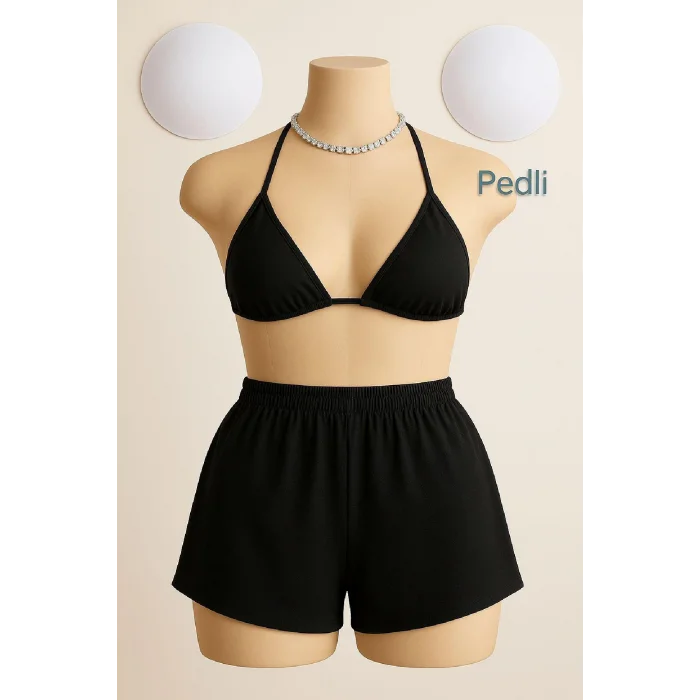 Kadın Siyah Şortlu Belden ve Boyundan Bağlamalı Bikini Takımı