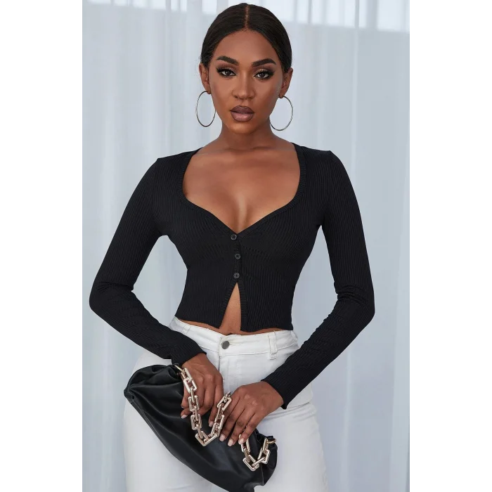 Kadın Siyah Uzun Kollu Düğmeli Göğüs ve Göbek Dekolteli Crop Top Bluz