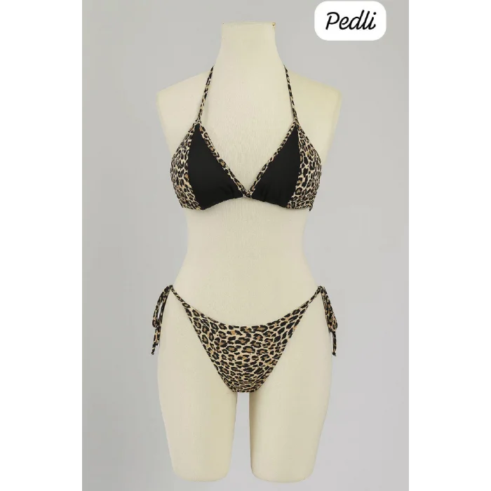 Kadın Siyah ve Leopar Detaylı Yandan Bağlamalı Bikini Takımı