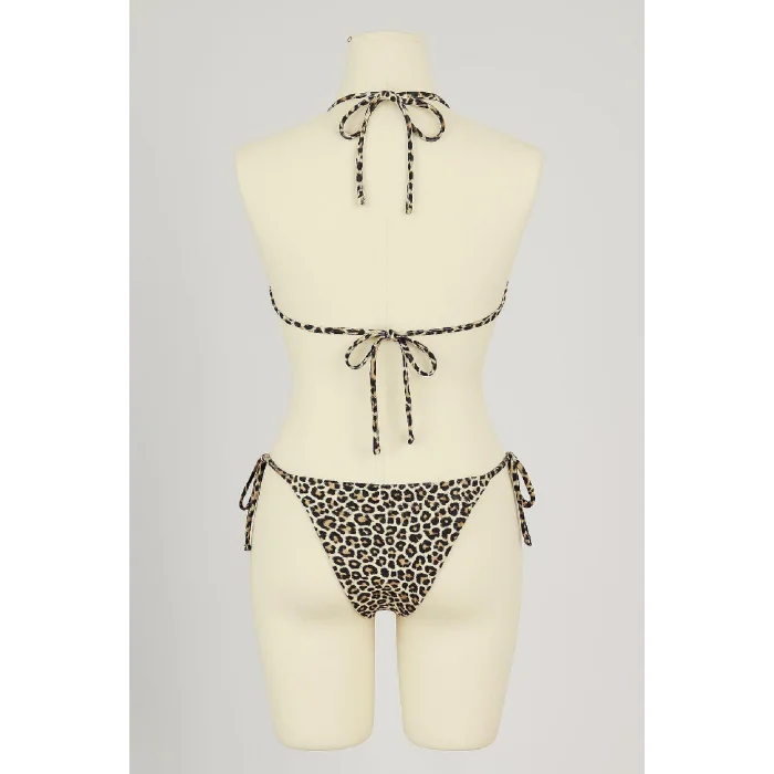 Kadın Siyah ve Leopar Detaylı Yandan Bağlamalı Bikini Takımı