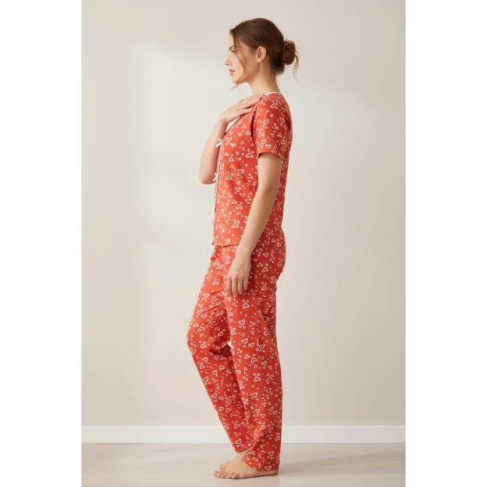 Kadın Turuncu Kalp Desenli Fiyonklu Kısa Kollu Uzun Pijama Takımı
