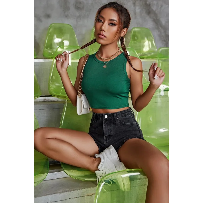 Kadın Yeşil Kare Yaka Crop Top Bluz