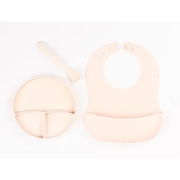 Krem Rengi 3’lü Silikon Yemek Seti – Önlük + Diş Kaşıyıcılı Kaşık + Vakumlu Tabak