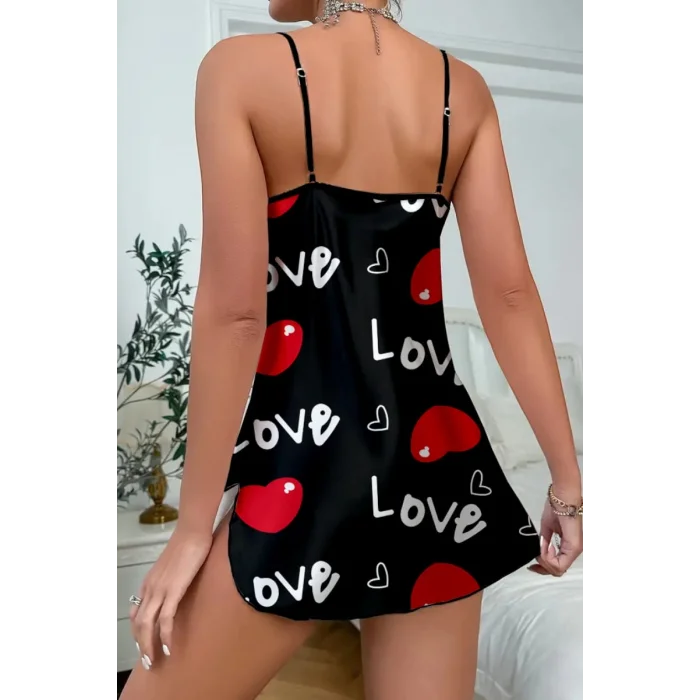 Love Desenli Siyah Saten Gecelik
