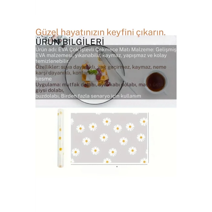 Mutfak Eva Shelf Liner Şeffaf Astar Kaymaz Dolap İçi Çekmece Örtüsü Papatya Desen Mat 45cmx10 Metre