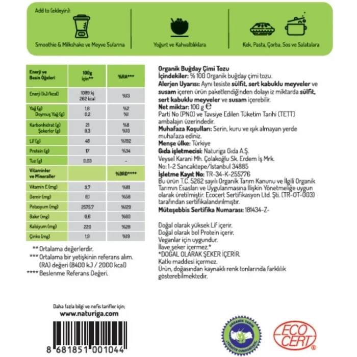 BUĞZ Naturiga Organik Buğday Çimi Tozu (100gr)